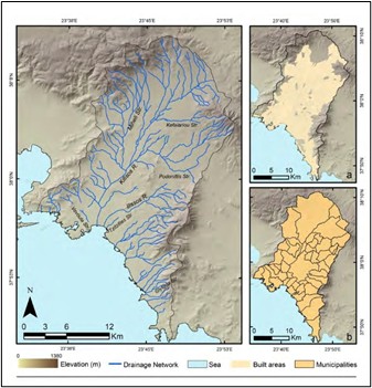 Map of Athens basin showing the river network, the built areas (a) and the municipality administrative limits (b) (Diakakis, et al. 2016)